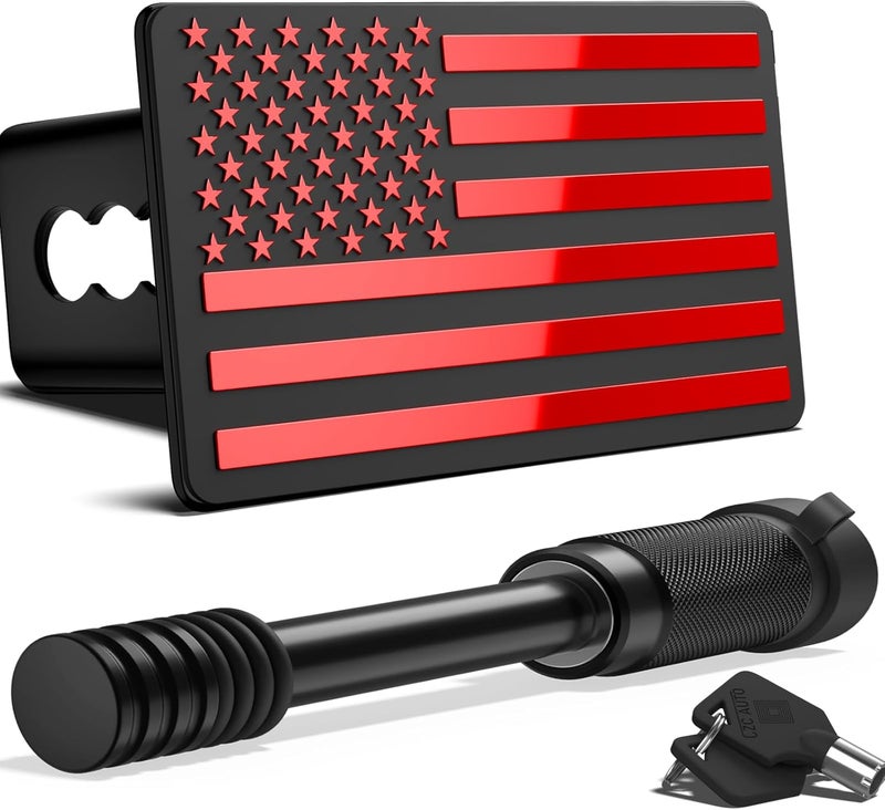 OGYE 2 Inch Trailer Hitch Cover with American Flag, Heavy Metal Trailer Hitch Cover Fit for 2 Inch Hitch Receivers (with 5/8" Pin Dia Anti-Theft Trailer Hitch Lock),3 * 5" Red - Image 1